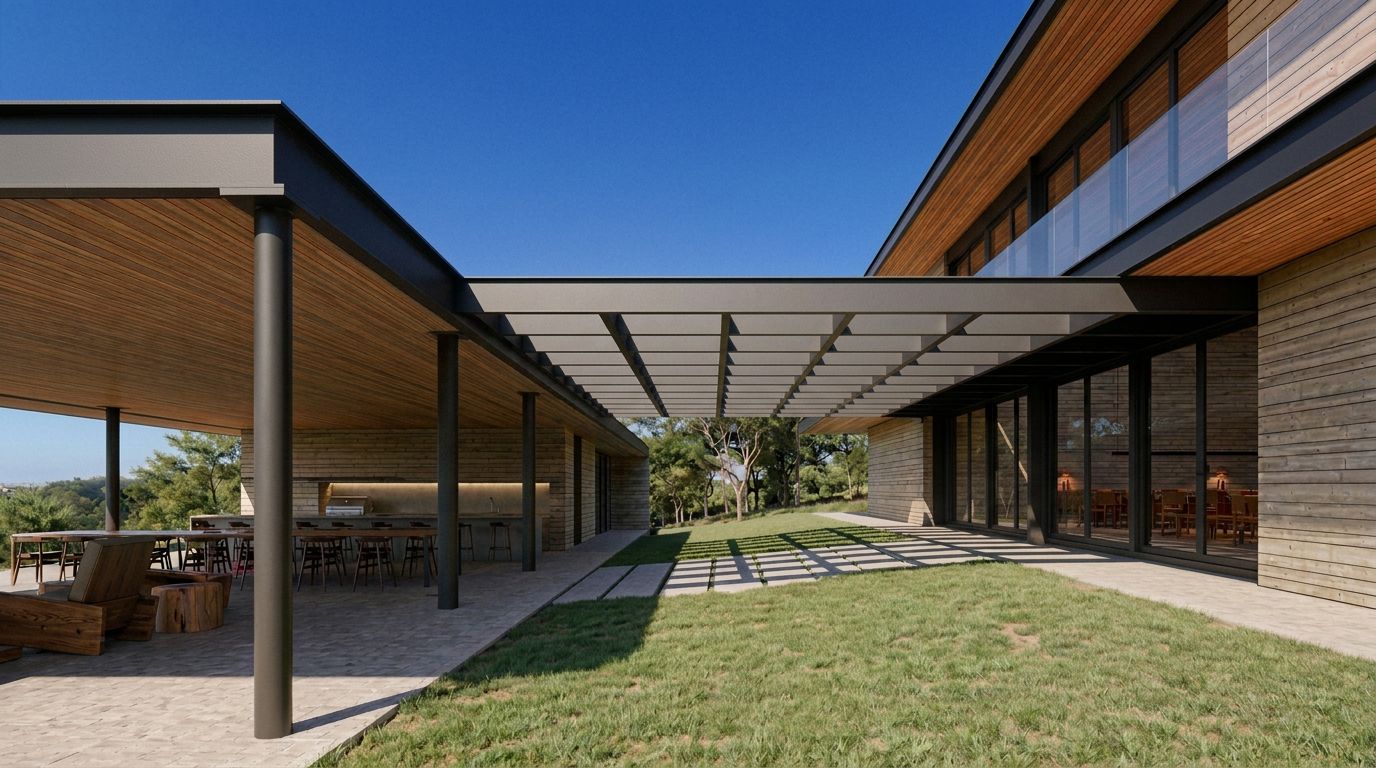 Pavilhão modular com pergolado e varanda aberta para o gramado