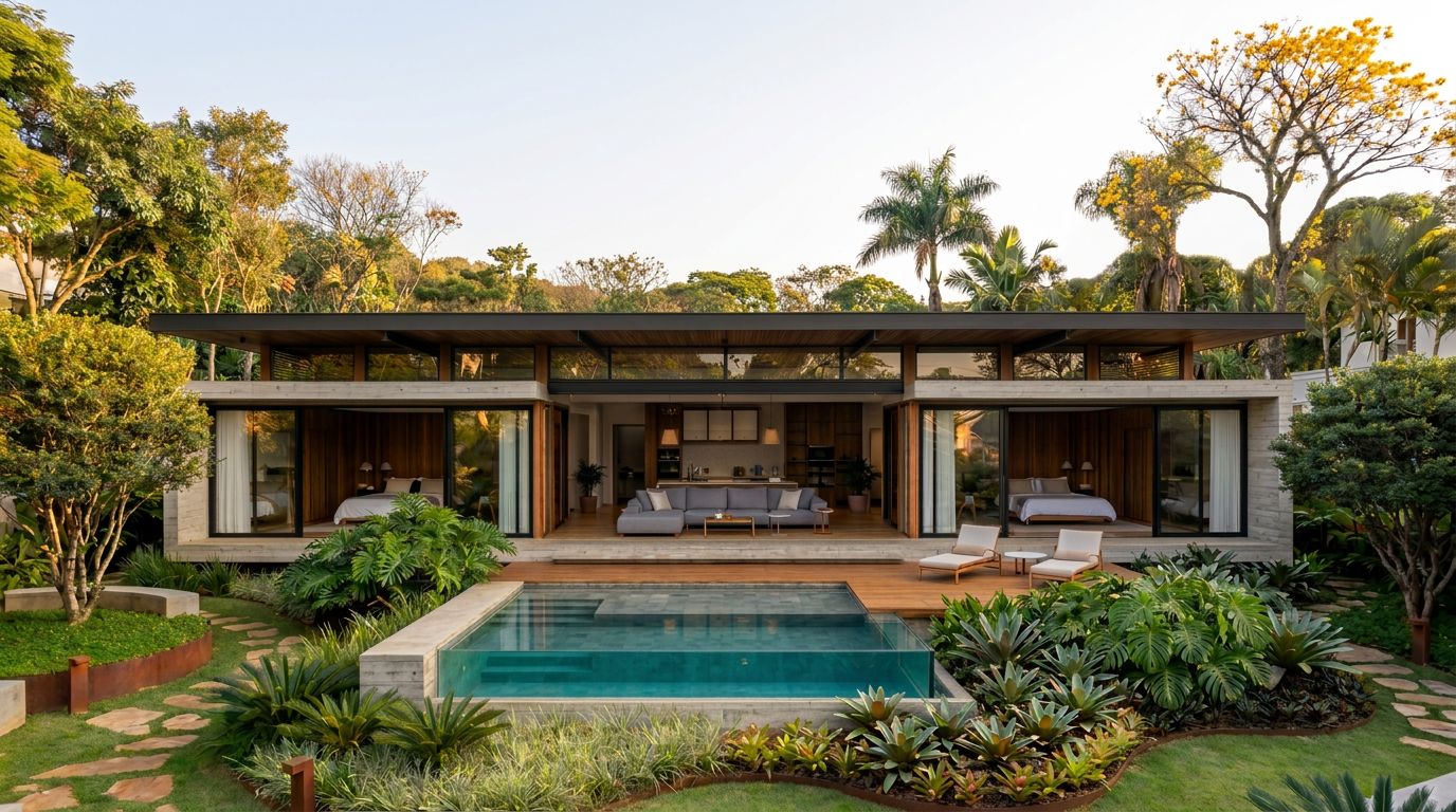 Residência modular contemporânea integrada ao jardim e à piscina
