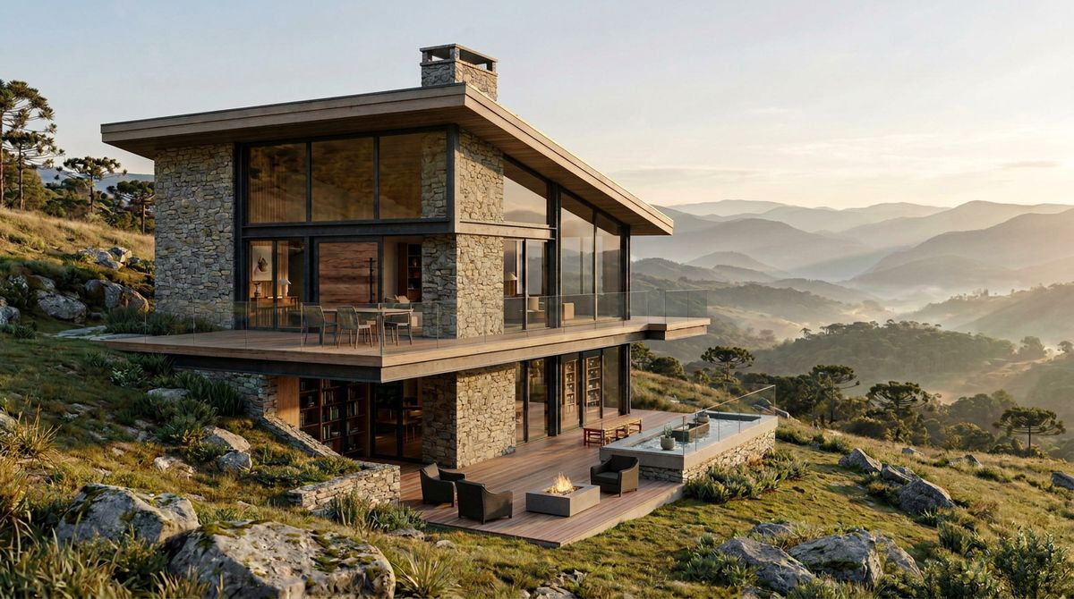 Casa em pedra e madeira implantada em encosta com vista para o vale